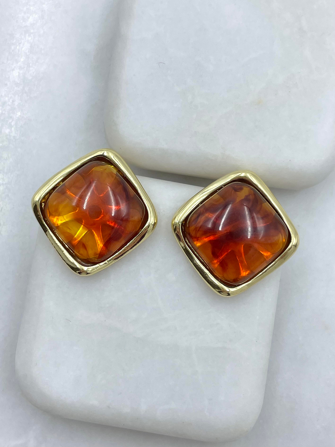 Altın Kaplama Gold Detaylı Kare Kehribar Küpe Gold