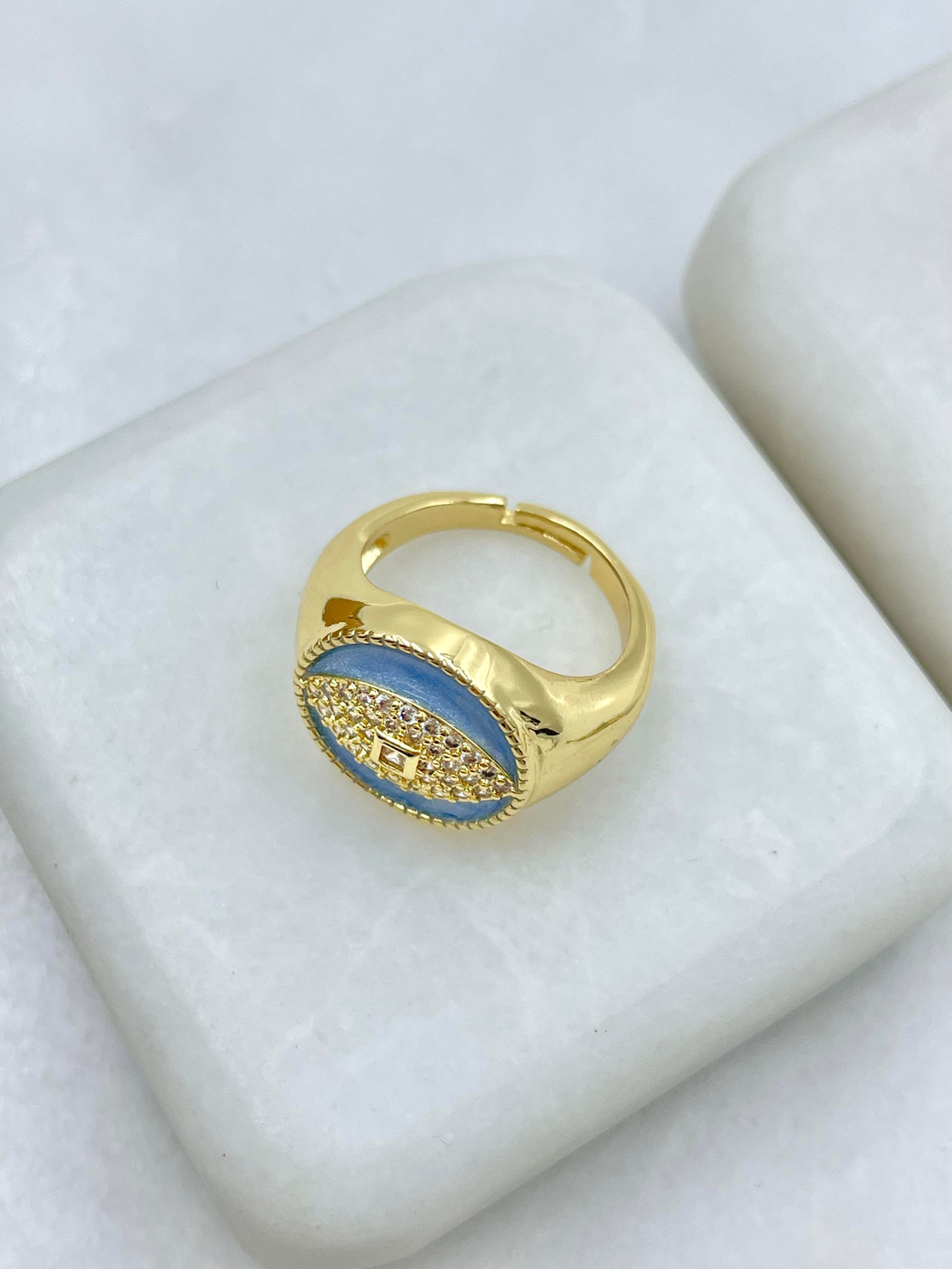 Altın Kaplama Gömme Taşlı Göz Model Serçe Parmak Yüzüğü Mavi Gold