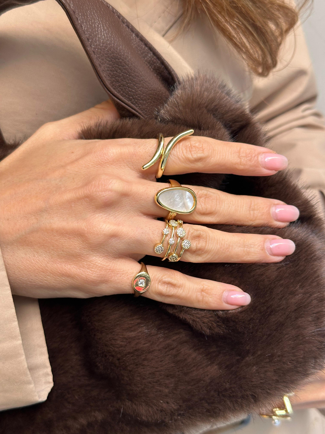 Altın Kaplama Bombeli İkili Sütun Yüzük Gold