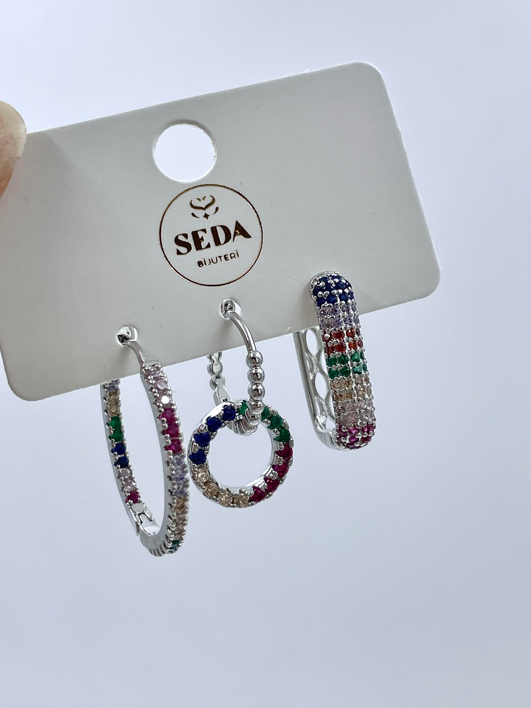 Altın Kaplama Üçlü Renkli Taşlı Halka ve Dikdörtgen Set Küpe Gümüş