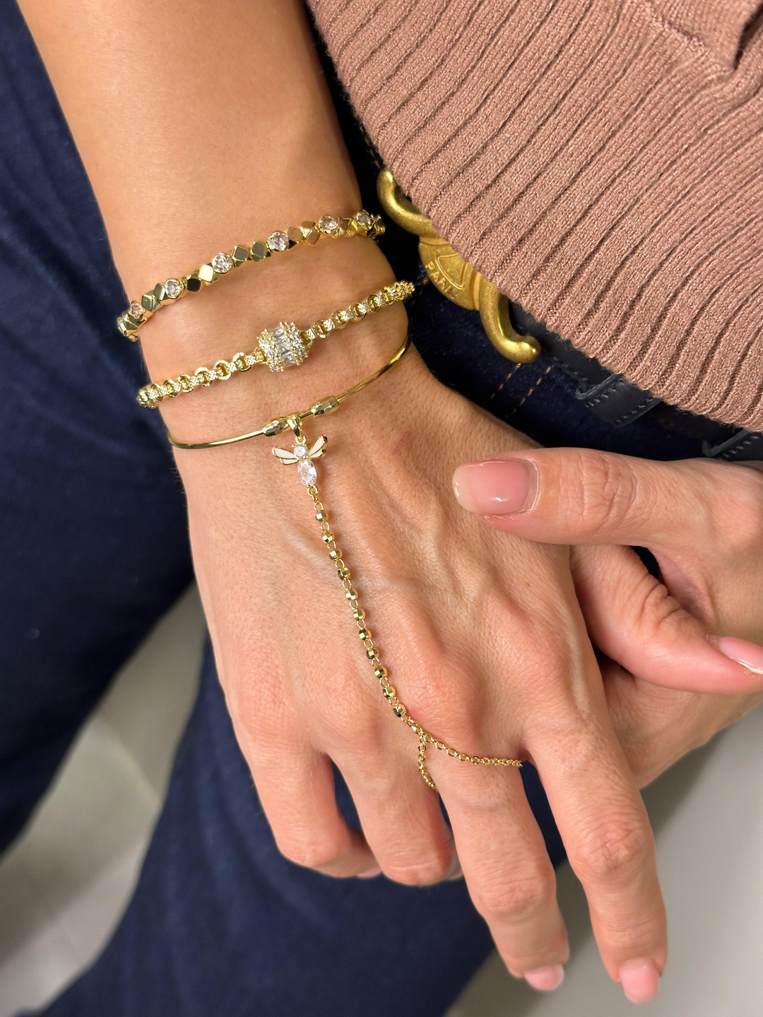 Altın Kaplama Kristal Taşlı Halka Zincir Bileklik Gold