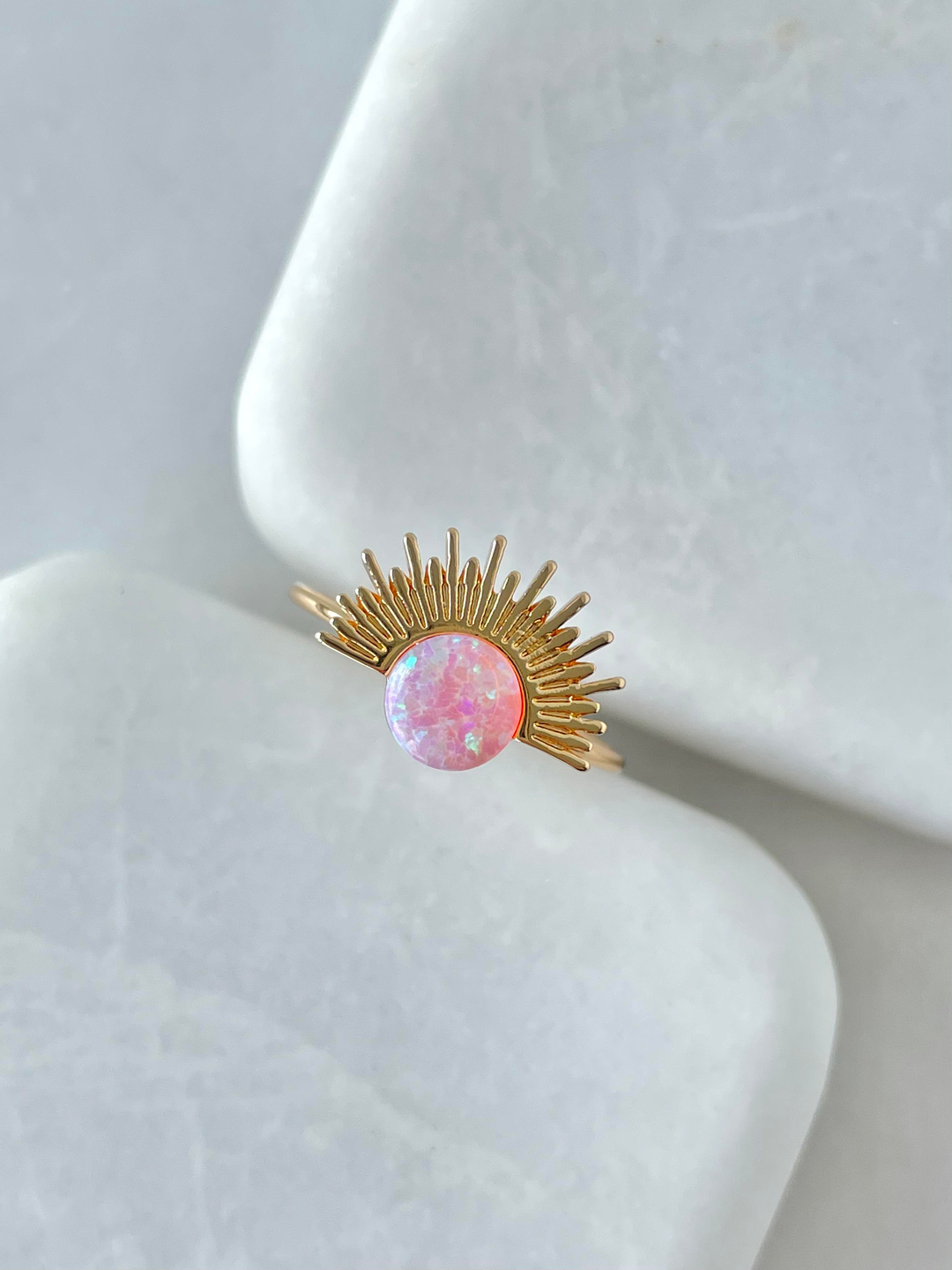 Altın Kaplama Opal Taşlı Güneş Model Yüzük Pembe