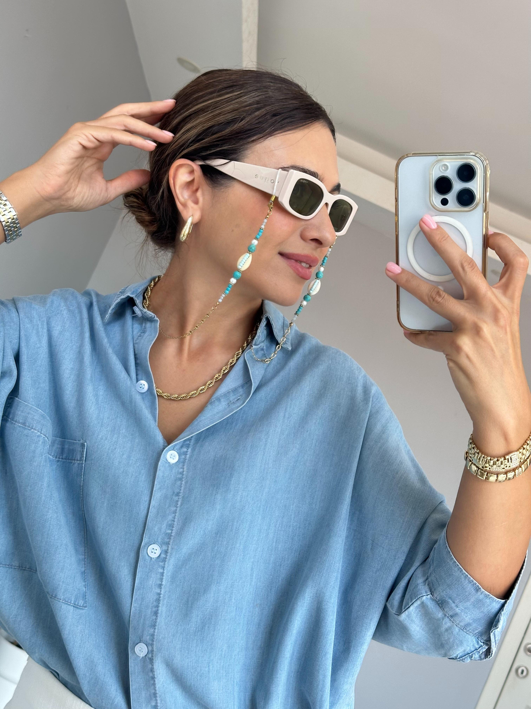 Çelik Deniz Kabuğu ve Mavi Taşlı Gözlük Zinciri Gold