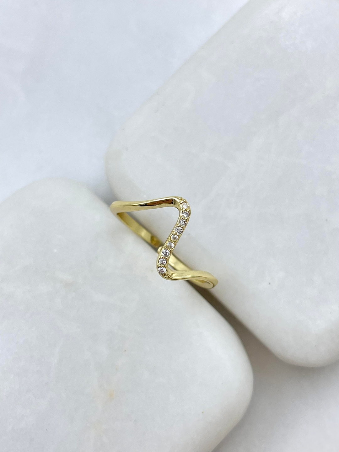 Altın Kaplama Gömme Taşlı Dalga Model Yüzük Gold