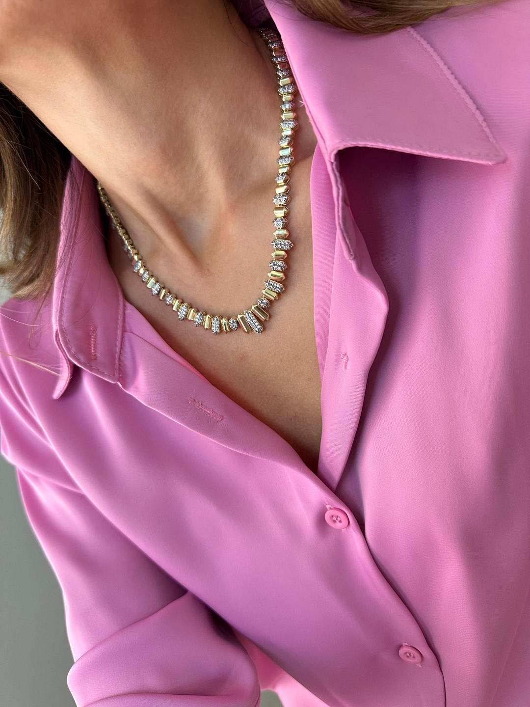 Altın Kaplama Çift Renk Kristal Taşlı Tasarım Kolye Gold