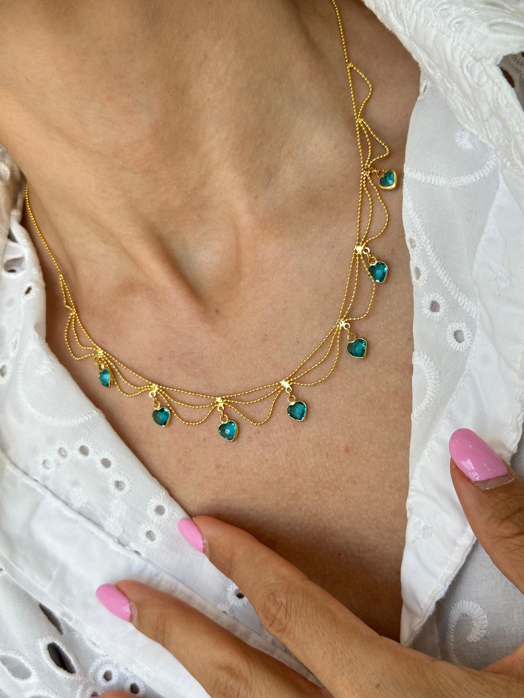 Altın Kaplama Kalp Sallantılı Topçuk Zincir Kolye Mavi