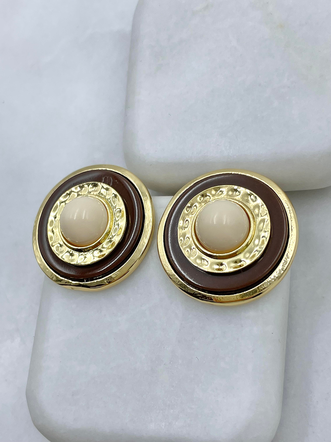 Altın Kaplama Gold Detaylı Daire Vintage Küpe Kahve