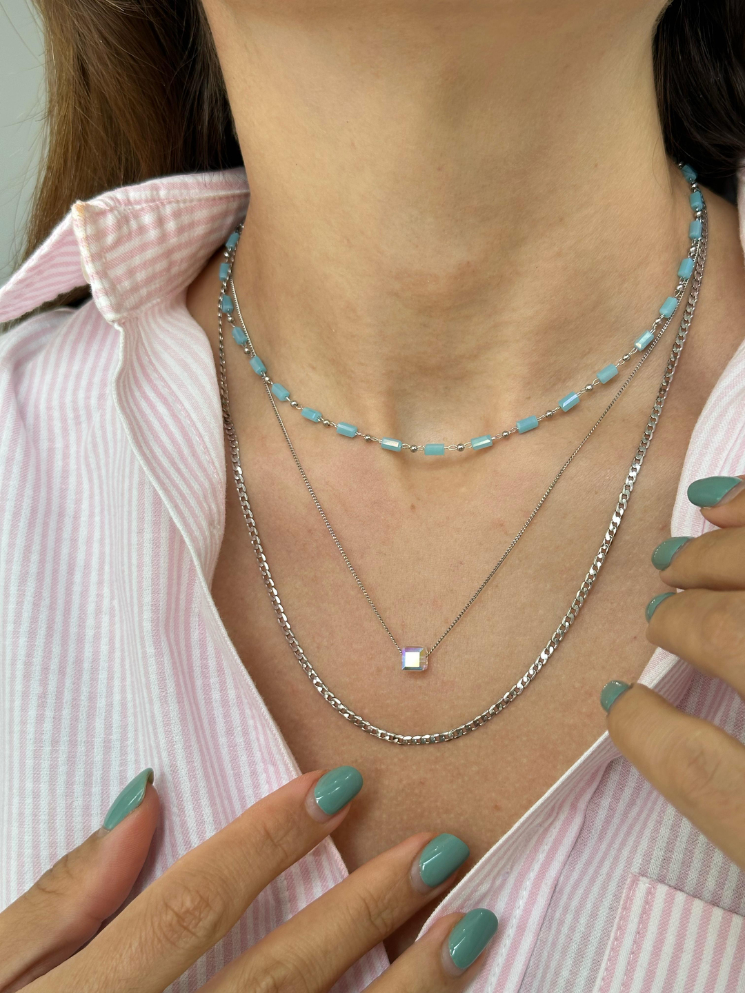 Özel Seri Yansımalı Küp Kristal Zincir Kolye Gümüş