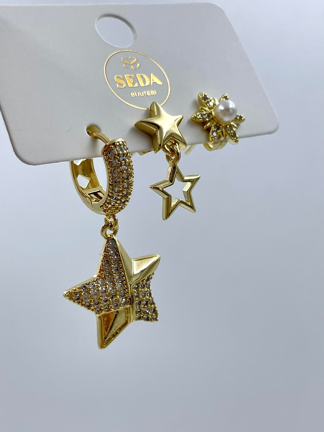 Altın Kaplama Üçlü Gömme Taşlı Yıldız Set Küpe Gold