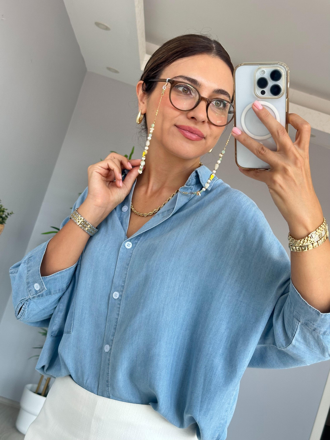 Çelik Balık Model İncili Gözlük Zinciri Gold