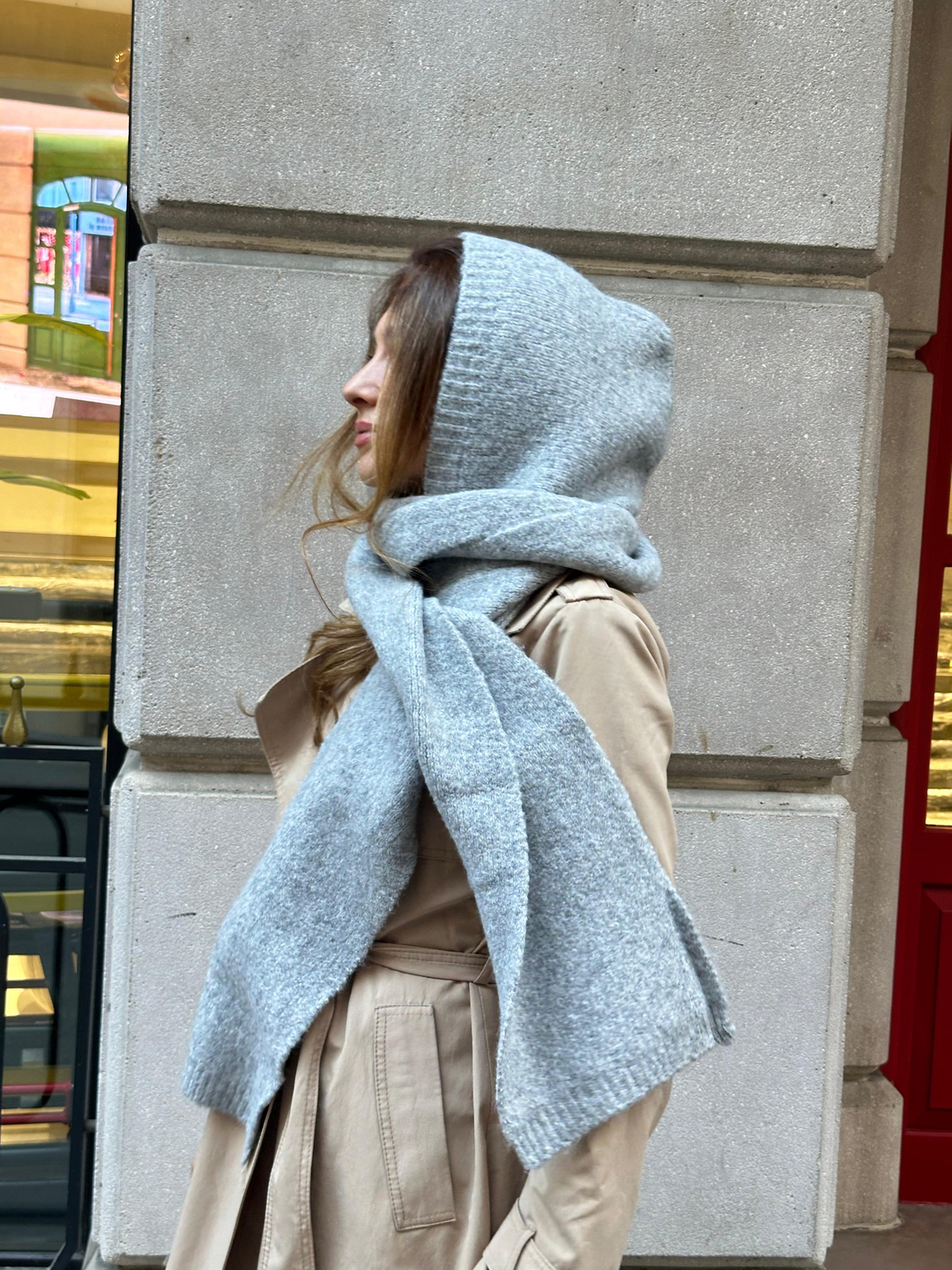 Kapüşonlu Tek Parça Atkı Gri