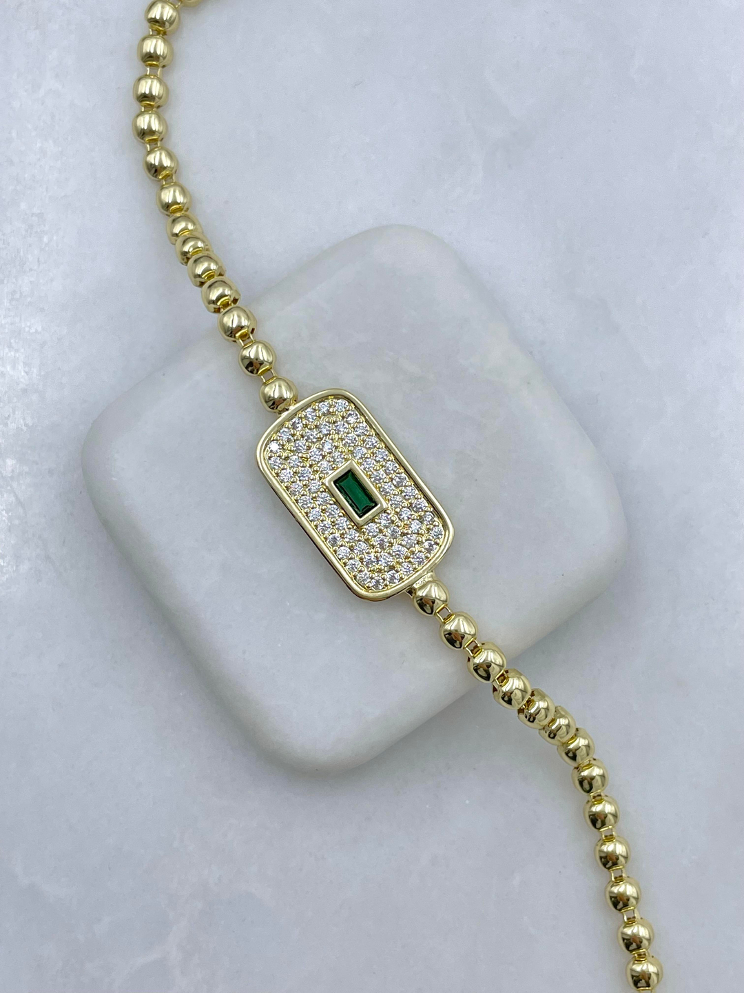 Altın Kaplama Yeşil Kristal Taşlı Dikdörtgen Model Bileklik Gold