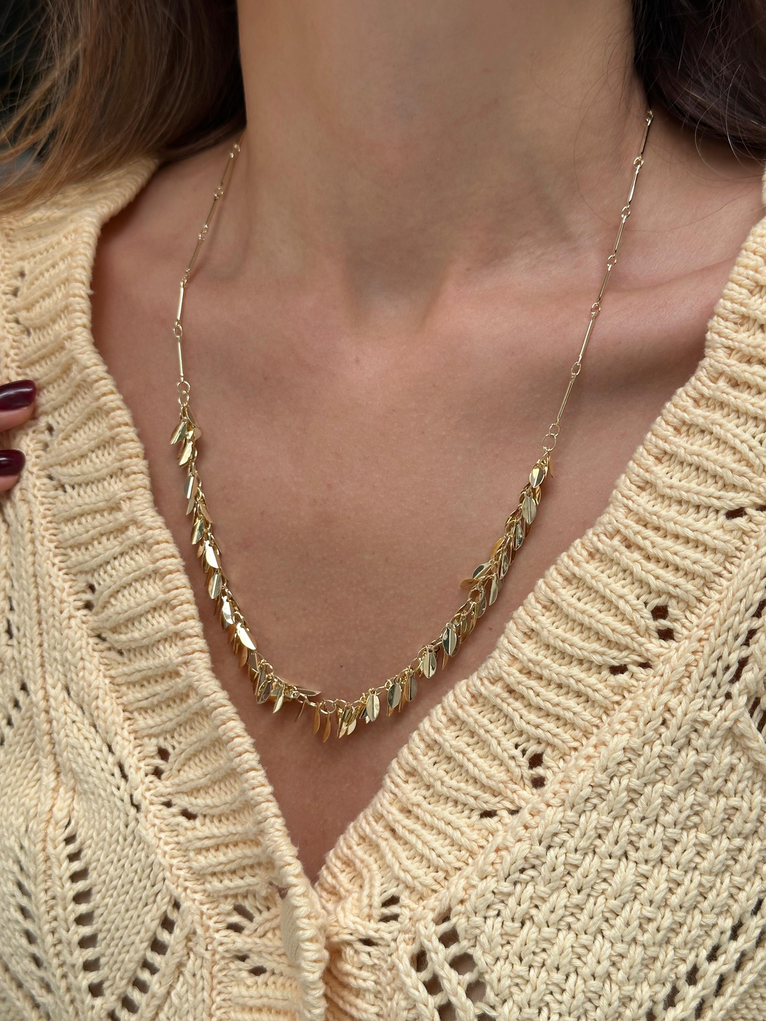 Altın Kaplama Yaprak Sallantılı Boru Zincir Kolye 60 cm Gold