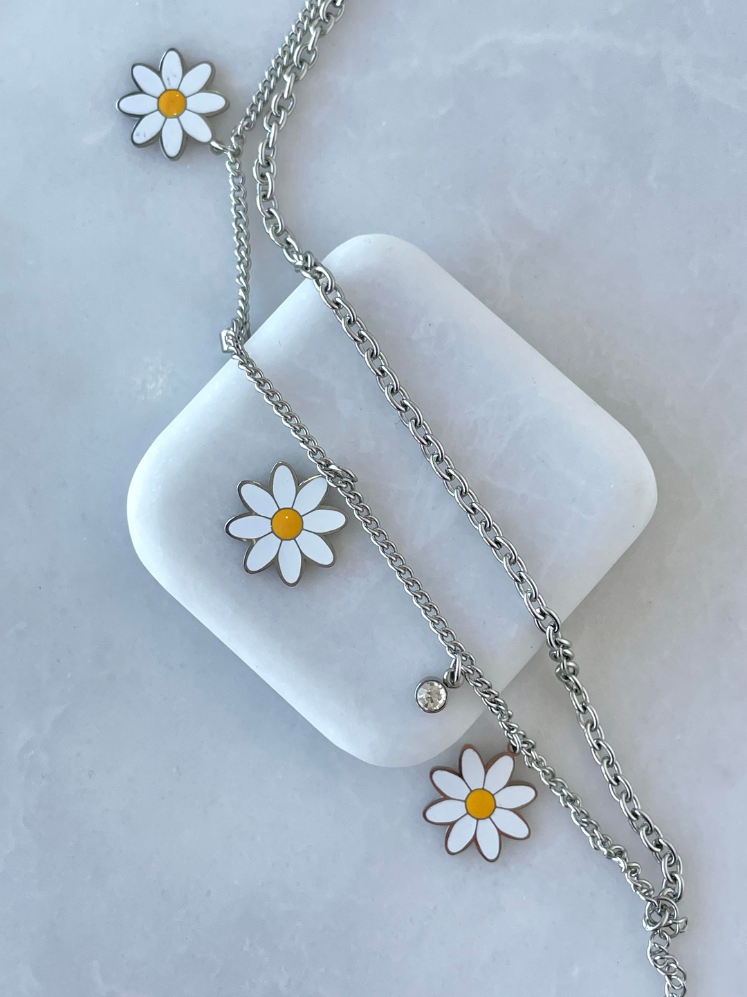 Çelik Papatya Sallantılı Çift Sıra Zincir Bileklik Gümüş