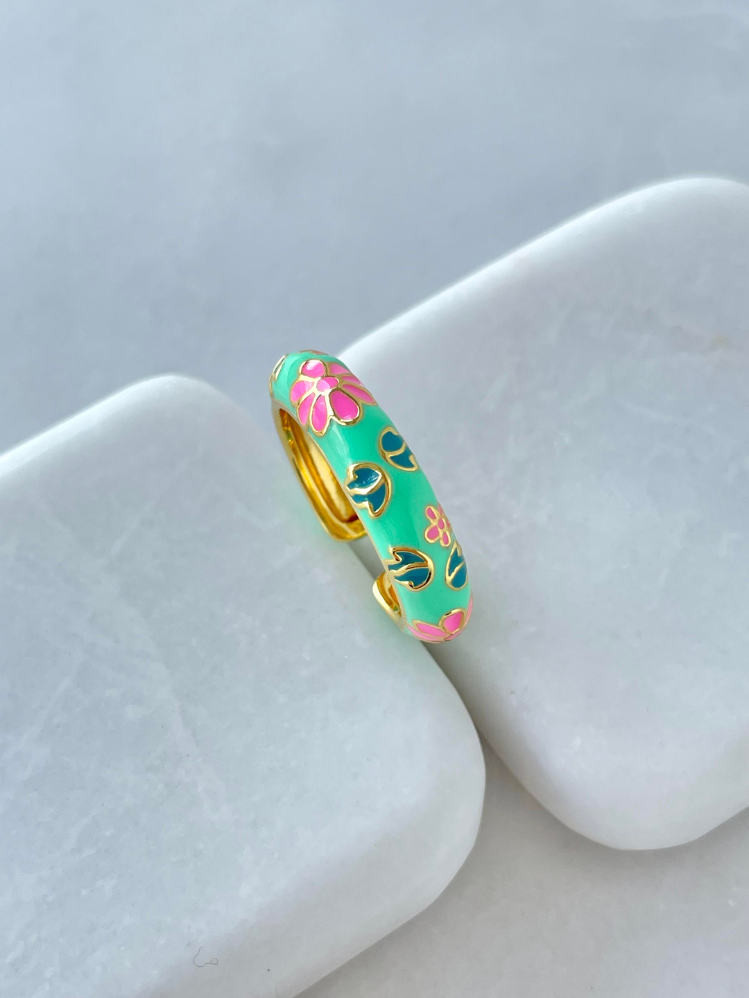 Altın Kaplama Renkli Mineli Çiçek Model Yüzük Turkuaz Renk