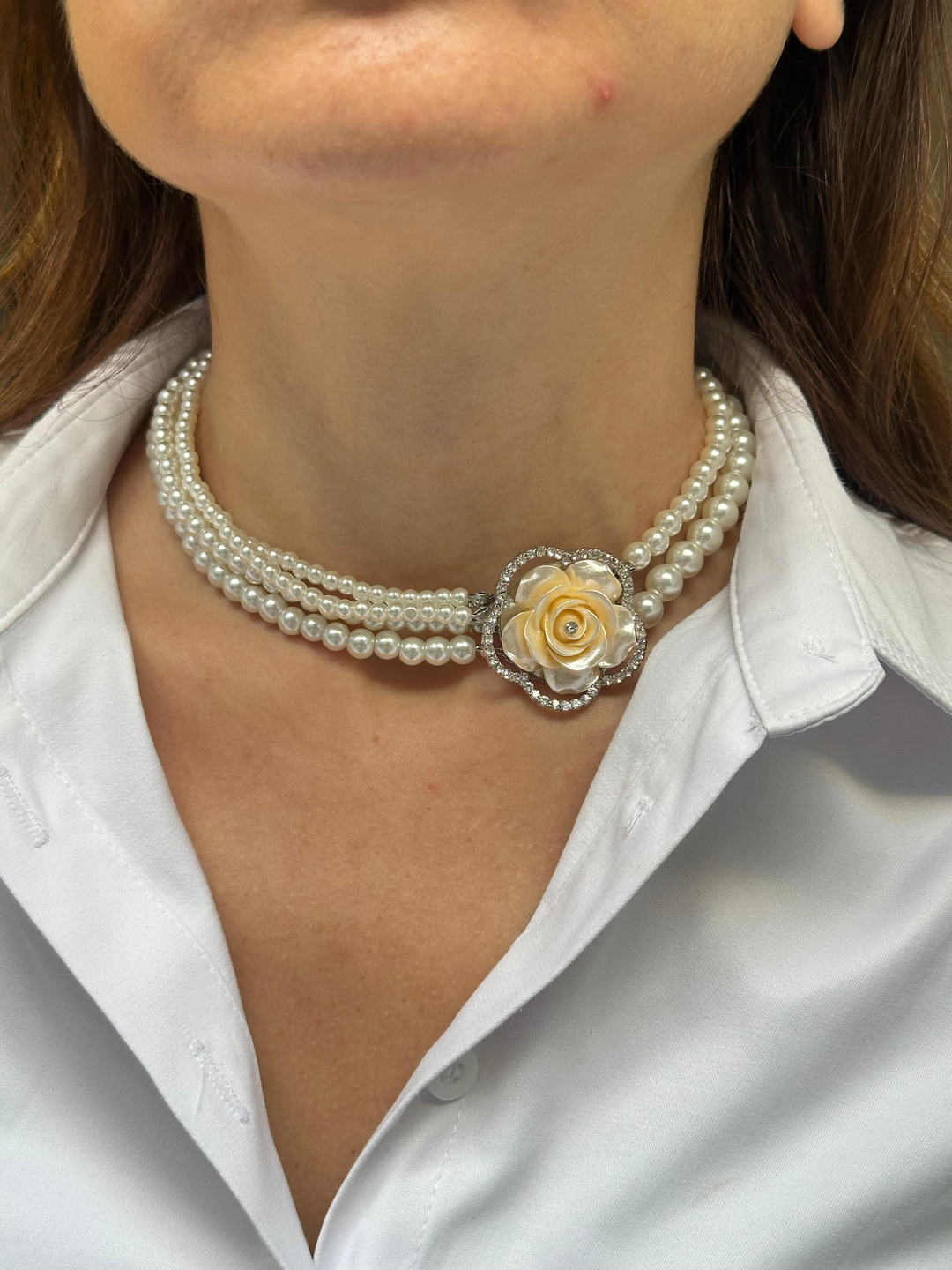 Gömme Taşlı Çiçek Model İnci Kolye Gümüş