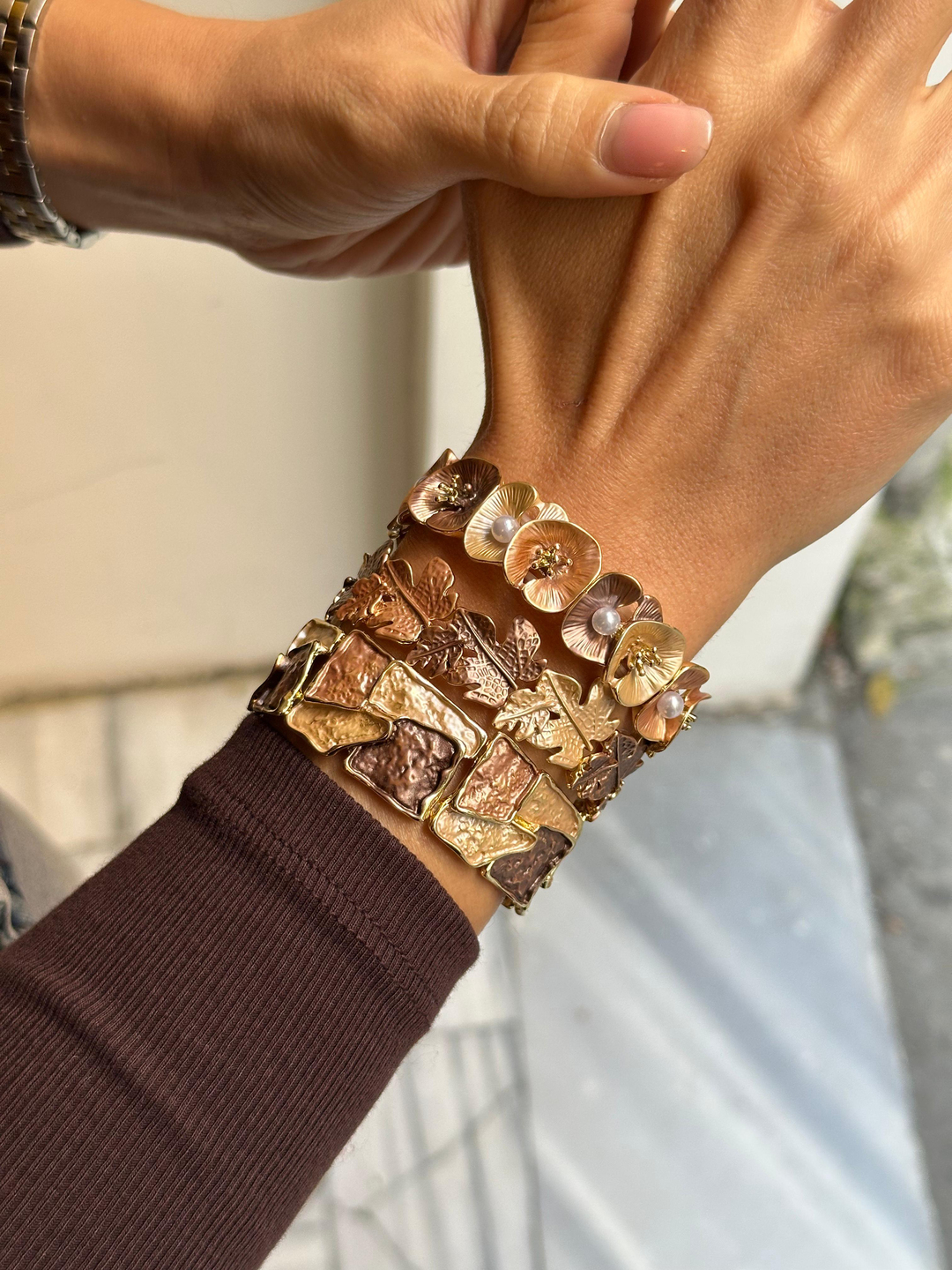 Geometrik Model Lastik Bileklik Bronz Kahve