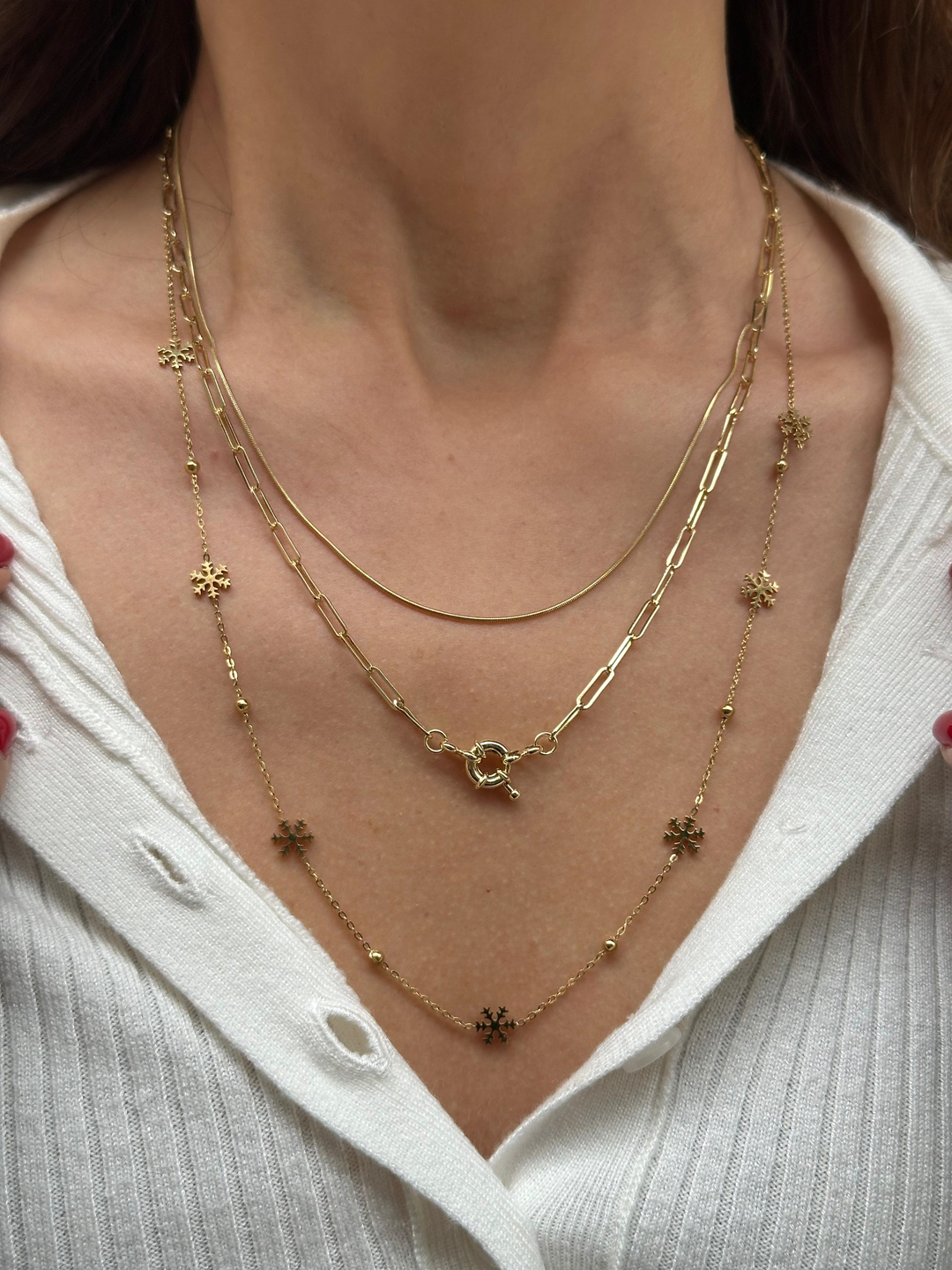 Çelik Kar Tanesi ve Topçuk Zincir Kolye Gold