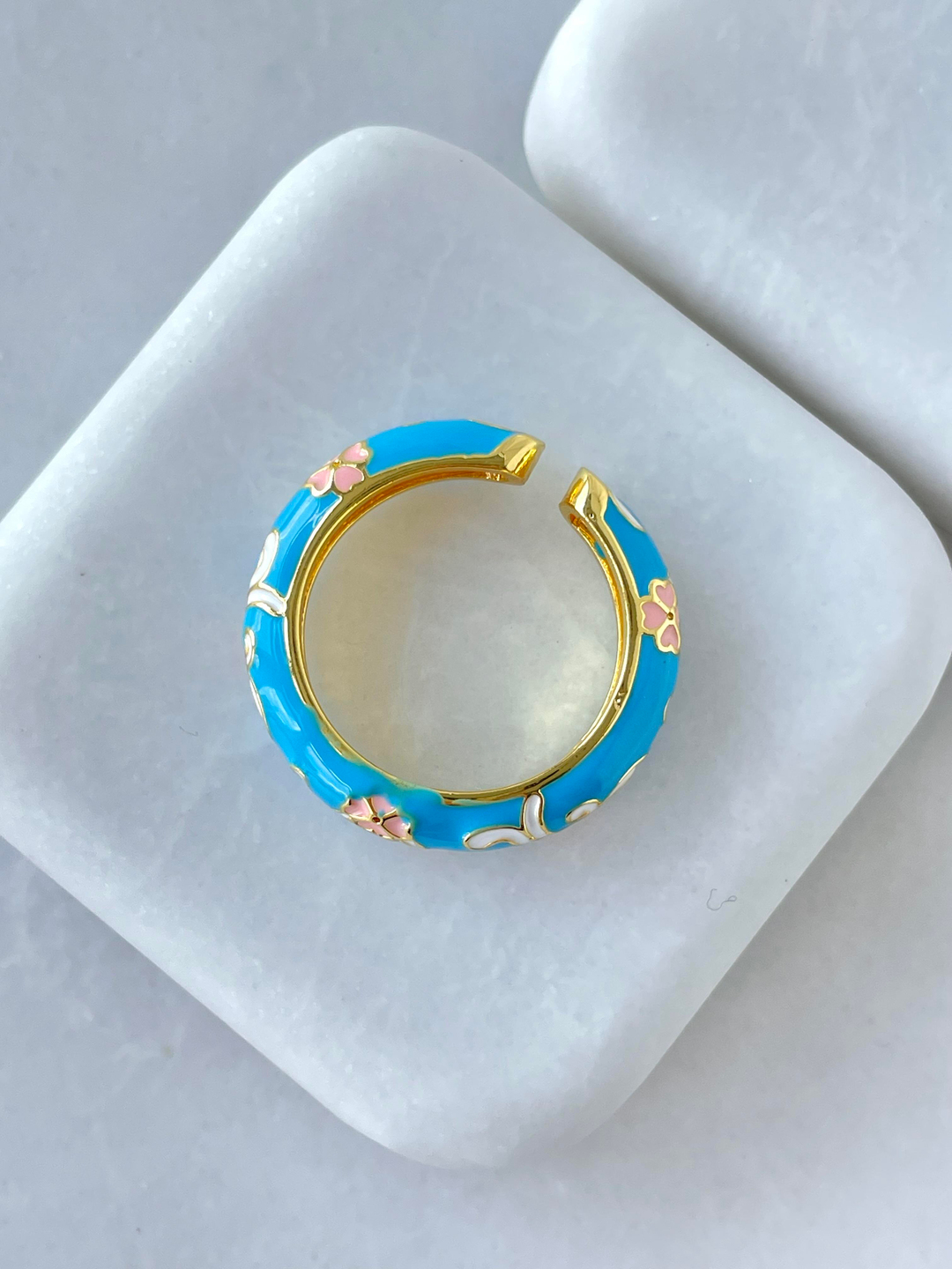 Altın Kaplama Renkli Mineli Çiçek Model Yüzük Mavi