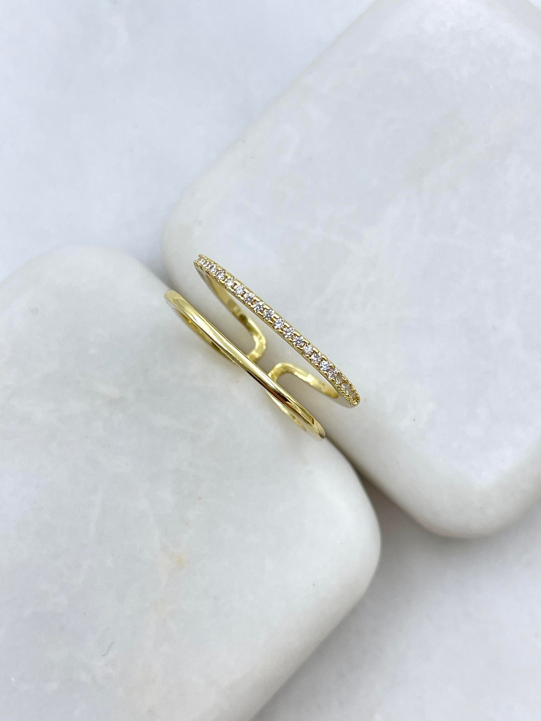 Altın Kaplama Gömme Taşlı İkili Kare Model Yüzük Gold