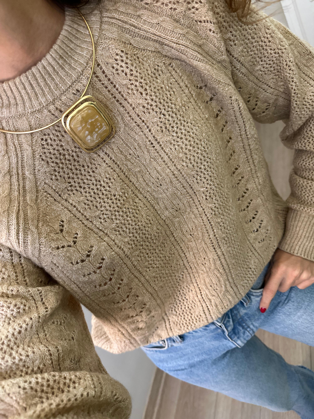 Altın Kaplama Doğal Taşlı Kare Model Vintage Choker Kolye Bej