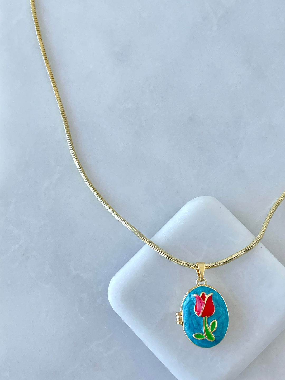 Altın Kaplama Mineli Kapaklı Lale Model Kolye Mavi