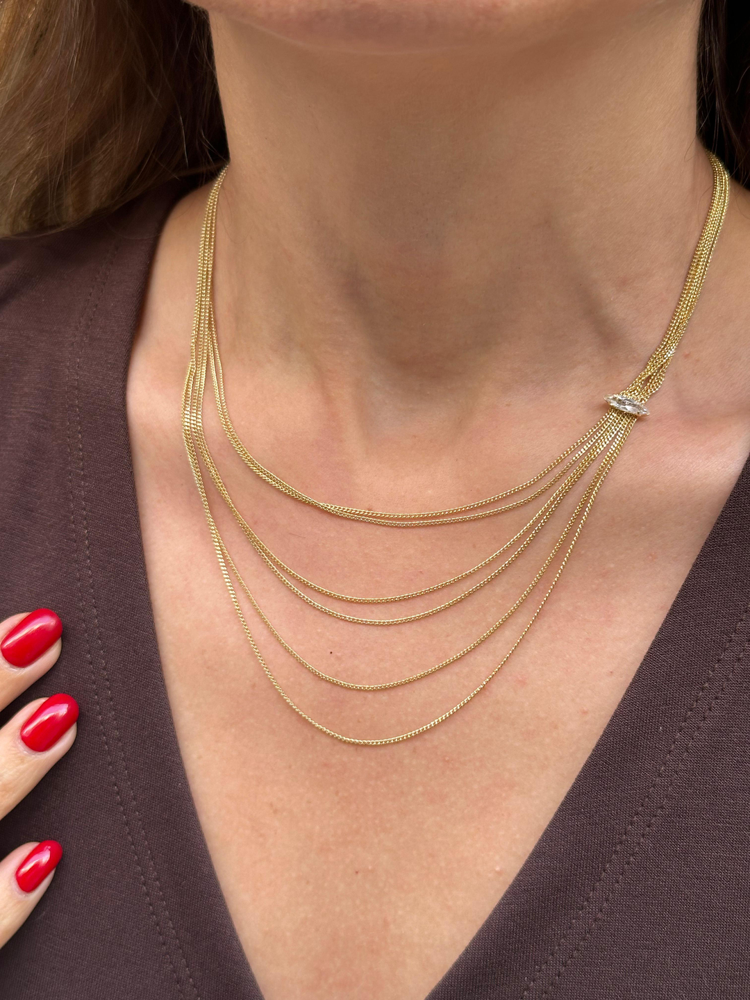 Altın Kaplama Kristal Taşlı Çoklu Zincir Tasarım Kolye Gold