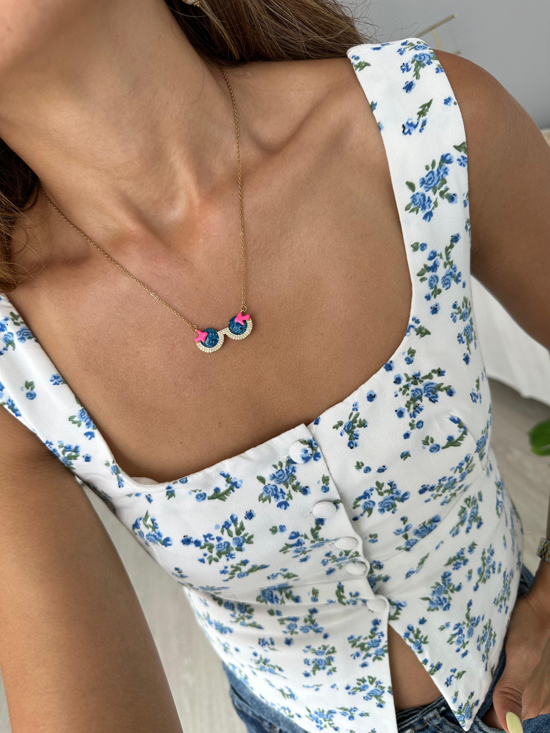 Çelik Işıltılı Mineli Gözlük Kolye Pembe Gold