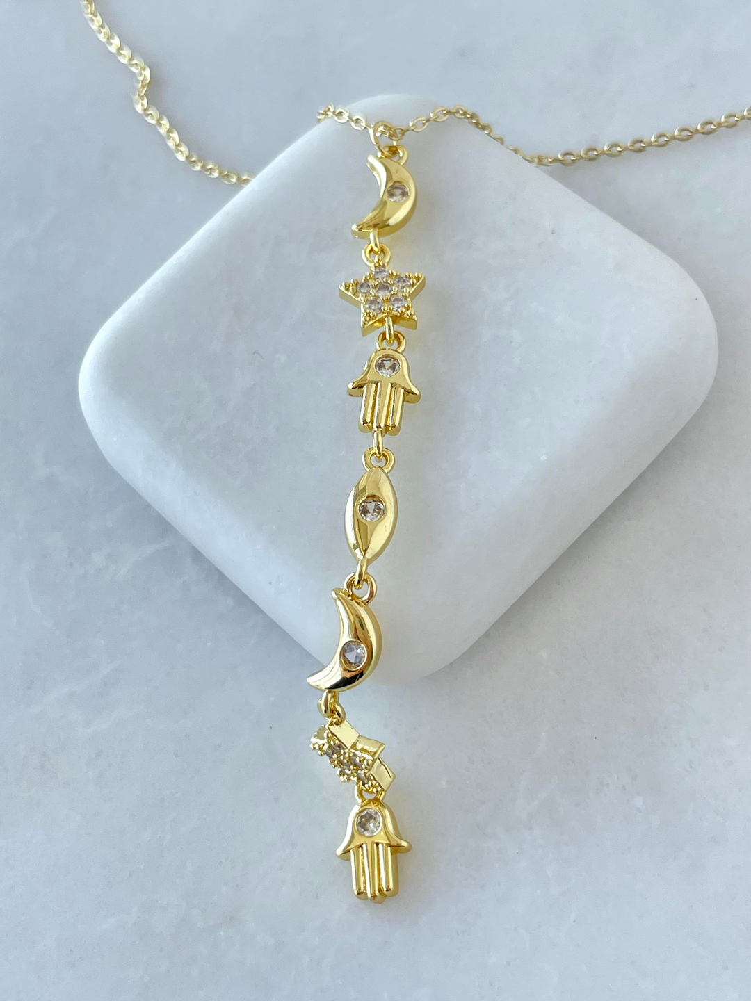 Çelik Gömme Taşlı Ay Yıldız Y Model Kolye Gold