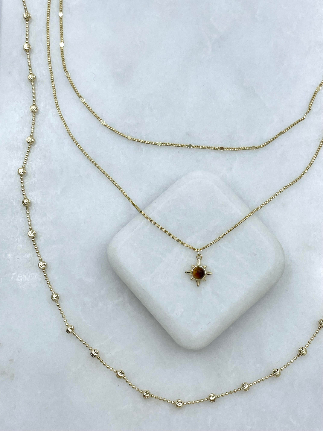 Altın Kaplama Kaplan Gözü Sallantılı Üçlü Zincir Kolye Gold