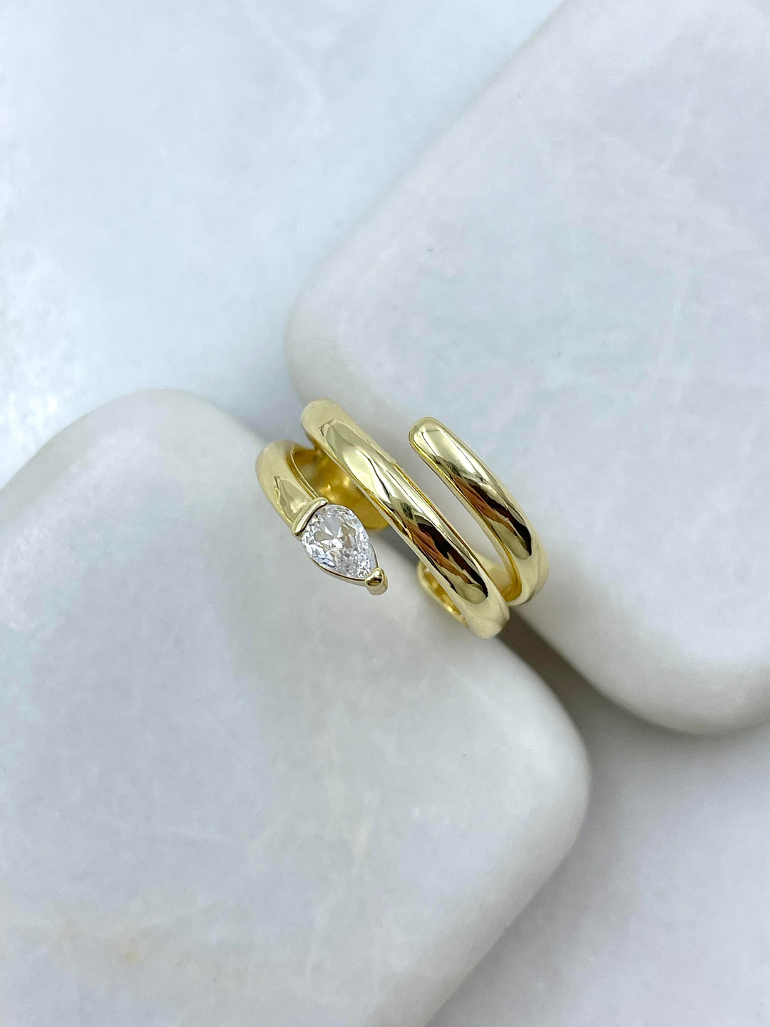 Altın Kaplama Kristal Taşlı Üçlü Görünüm Yüzük Gold