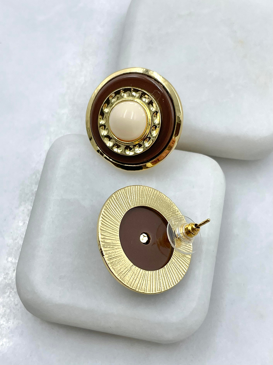 Altın Kaplama Gold Detaylı Daire Vintage Küpe Kahve