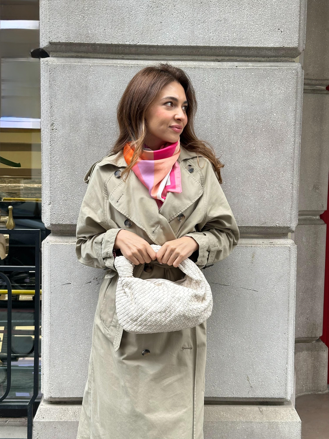 Pudra Geometrik Desenli Fular 70 x 70 cm Renkli