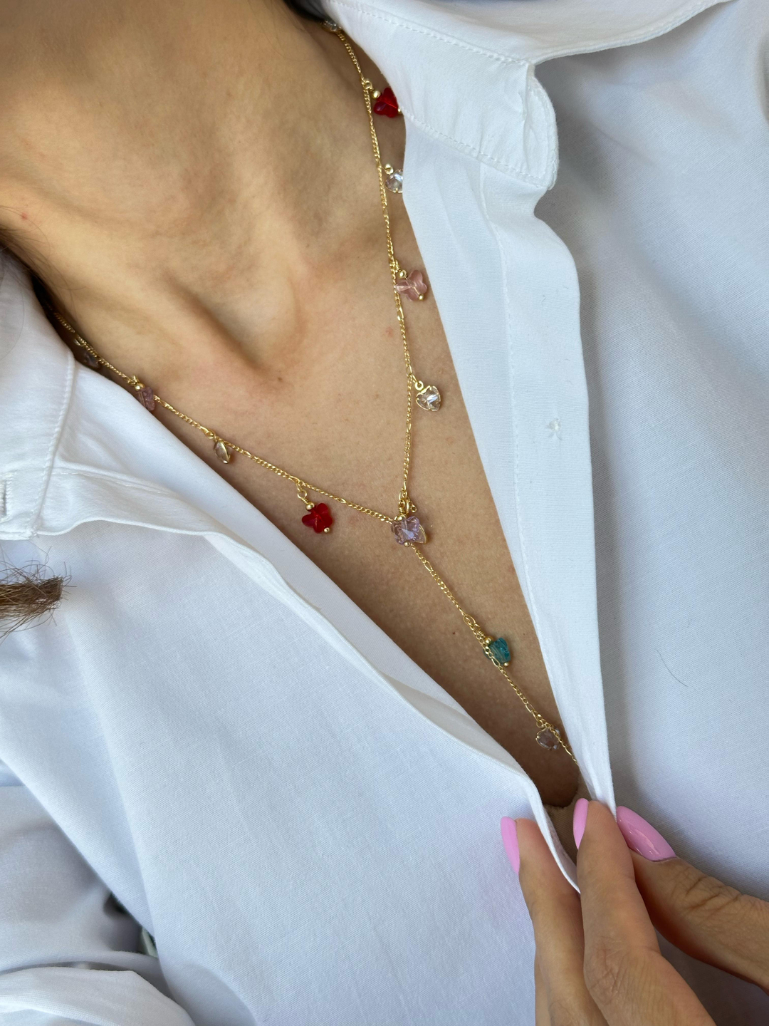 Kelebek ve Kristal Taş Sallantılı Zincir Kolye Gold