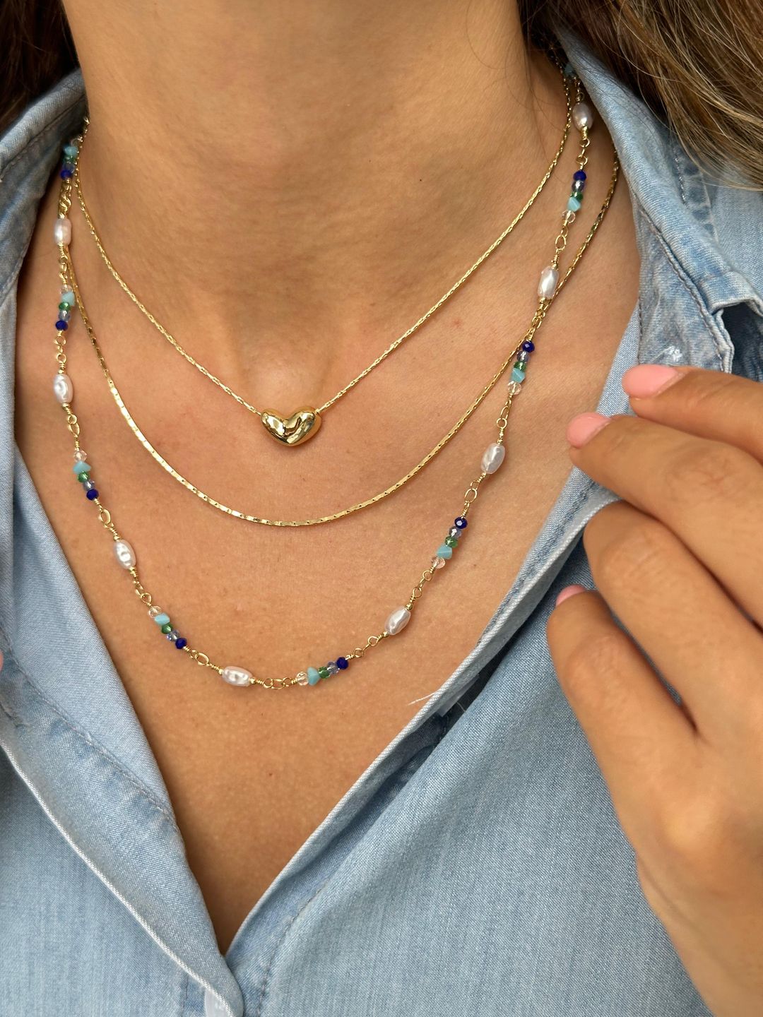 Altın Kaplama İnci ve Mavi Kristal Boncuklu Kolye Gold