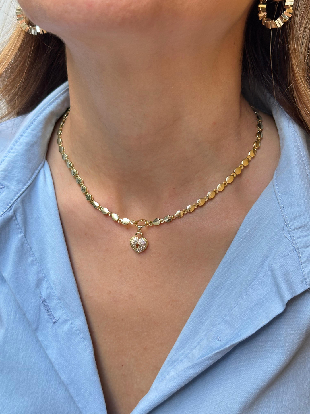 Altın Kaplama Gömme Taşlı Kilit Kalp Sallantılı Ezme Arpa Kolye Gold