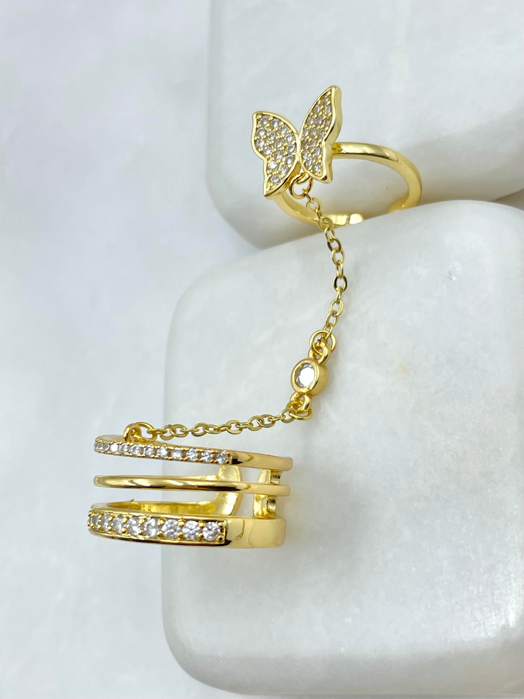 Altın Kaplama Gömme Taşlı Kelebek Model Eklemli Yüzük Gold