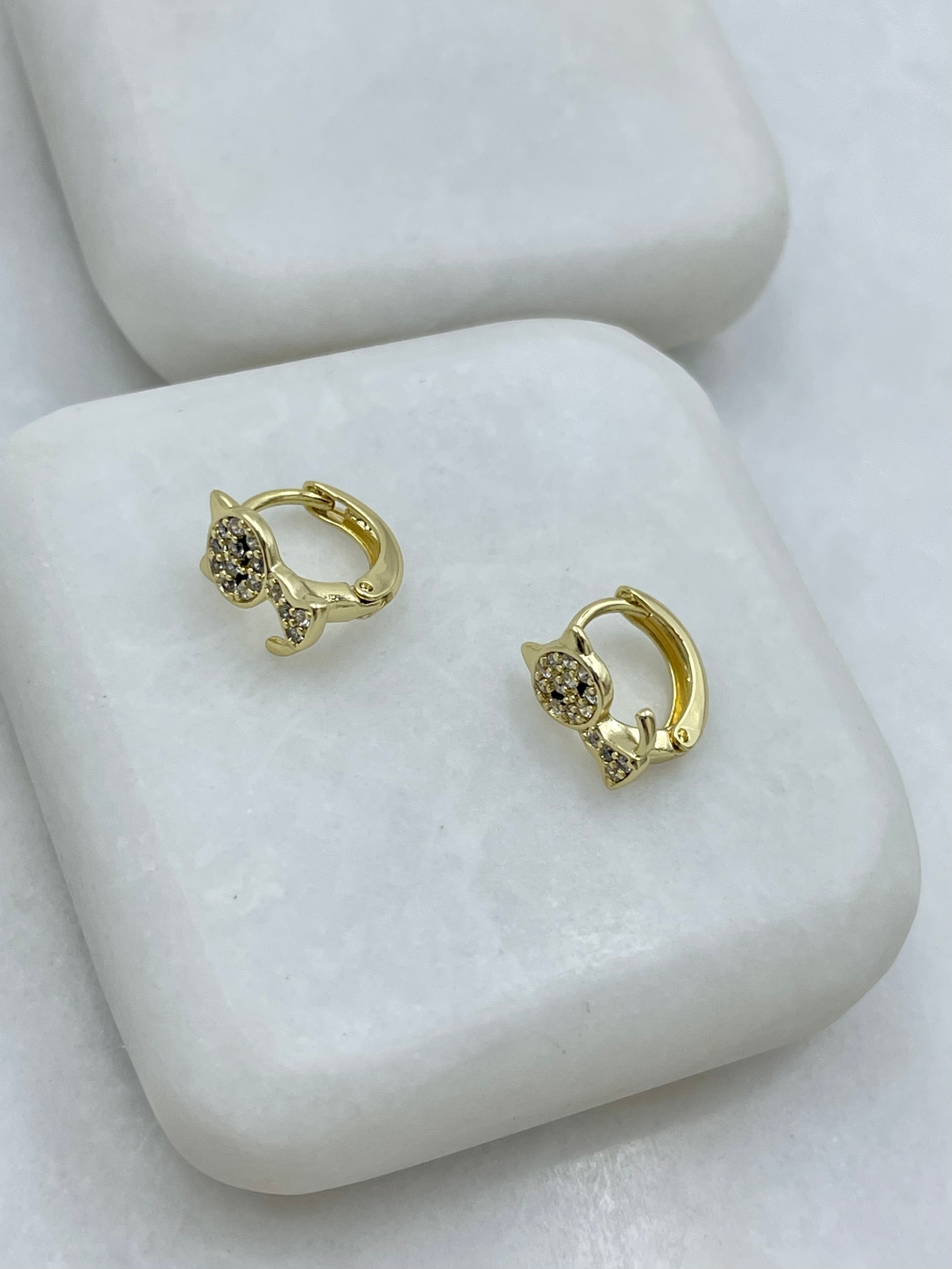 Özel Seri Kristal Taşlı Kedi Halka Küpe Gold