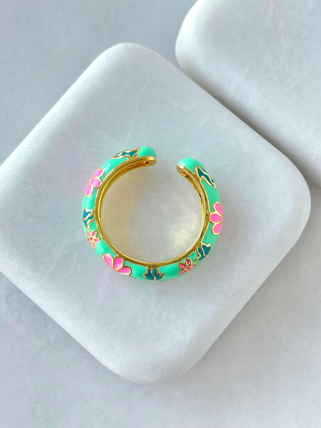 Altın Kaplama Renkli Mineli Çiçek Model Yüzük Turkuaz Renk