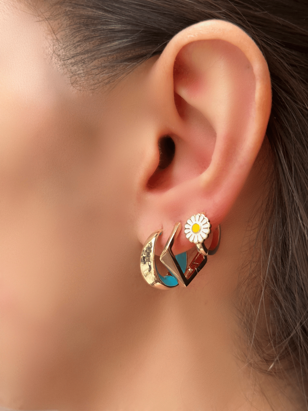 Özel Seri Turkuaz Mineli Bombeli Halka Küpe Gold