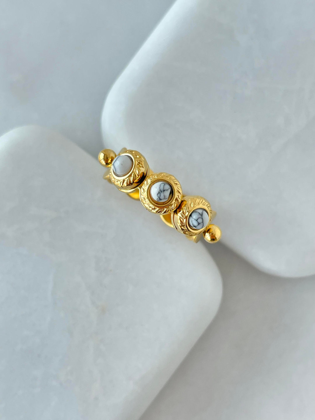 Çelik Üçlü Doğal Taşlı Yüzük Gri