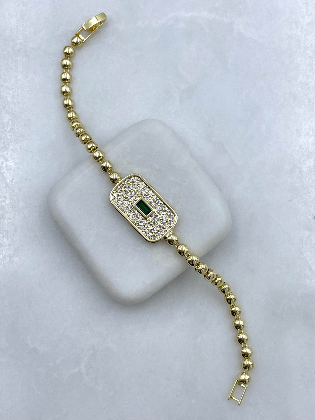 Altın Kaplama Yeşil Kristal Taşlı Dikdörtgen Model Bileklik Gold