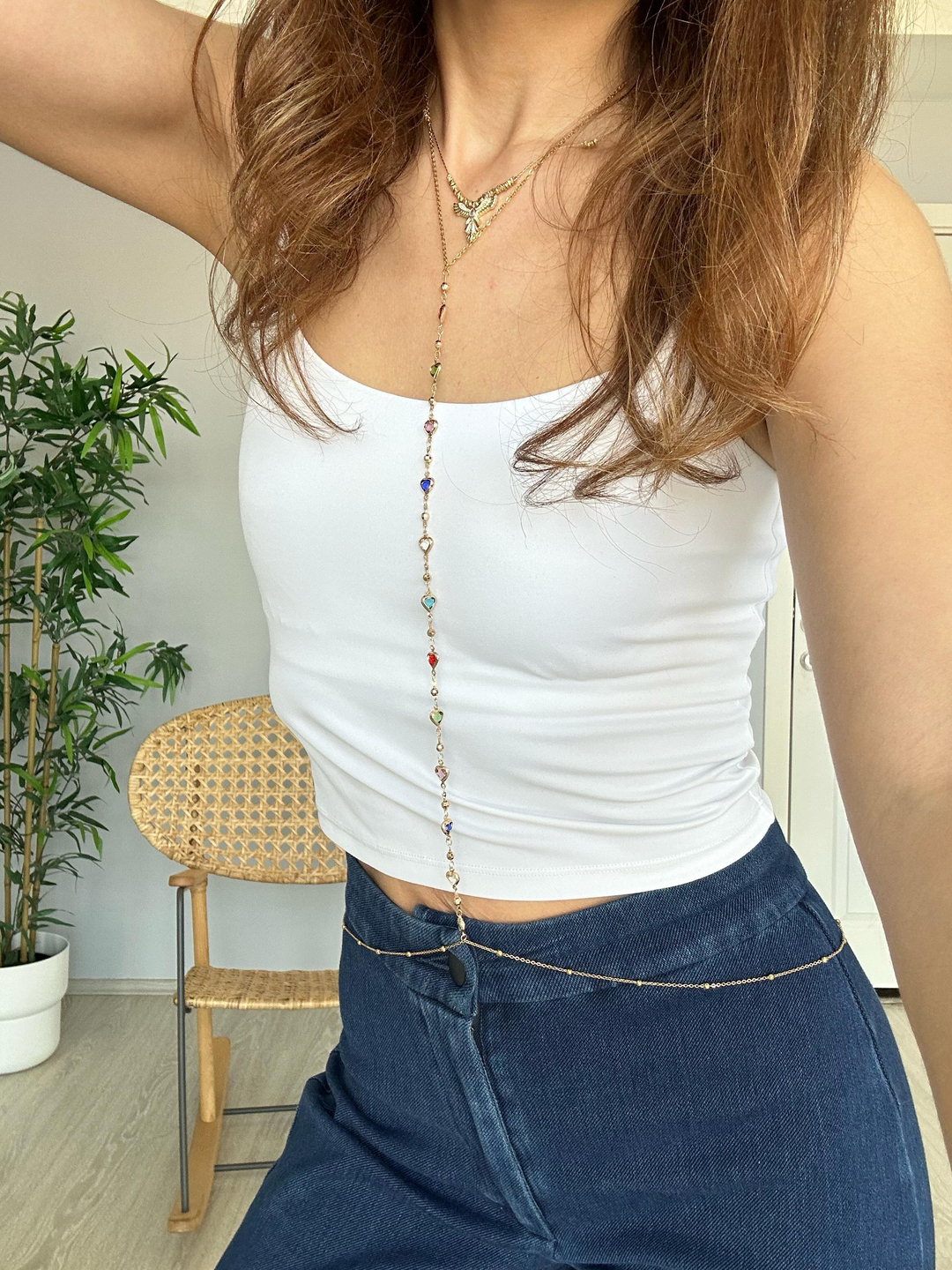 Çelik Renkli Kristal Kalp ve Topçuklu Vücut Zinciri Gold