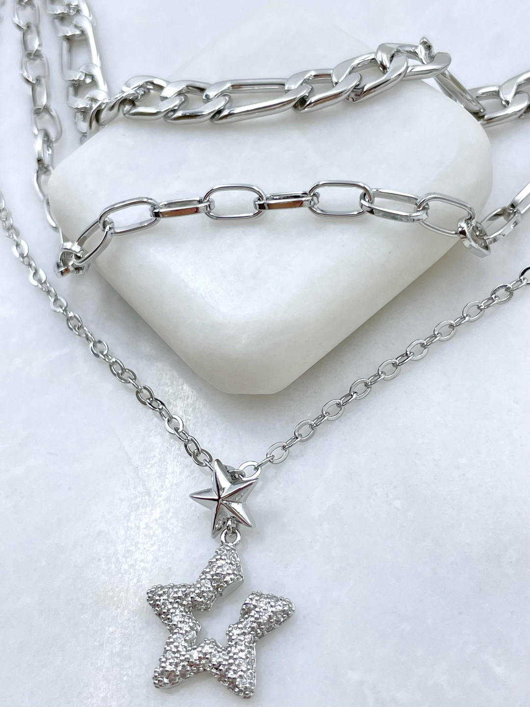 Altın Kaplama Yıldız Sallantılı Üçlü Zincir Kolye Gümüş