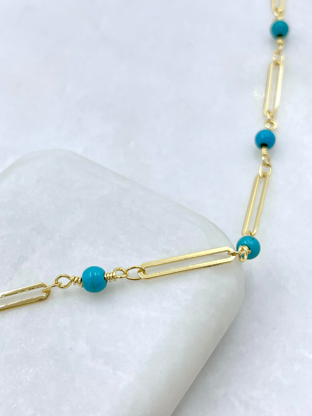 Altın Kaplama Mavi Boncuklu Zincir Kolye 90 cm Gold