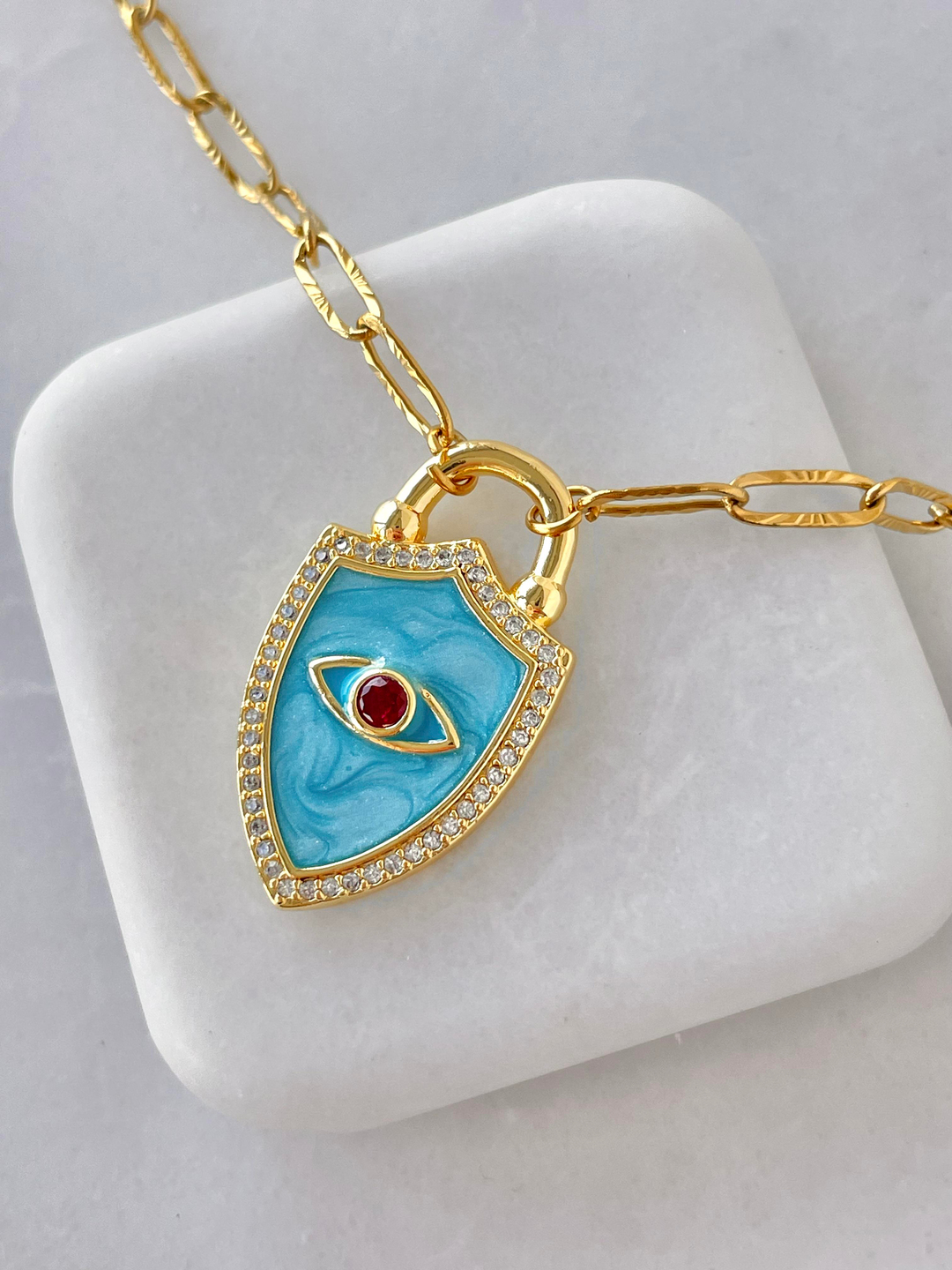 Çelik Mavi Mineli Lazer Kesim Zincir Kolye Gold