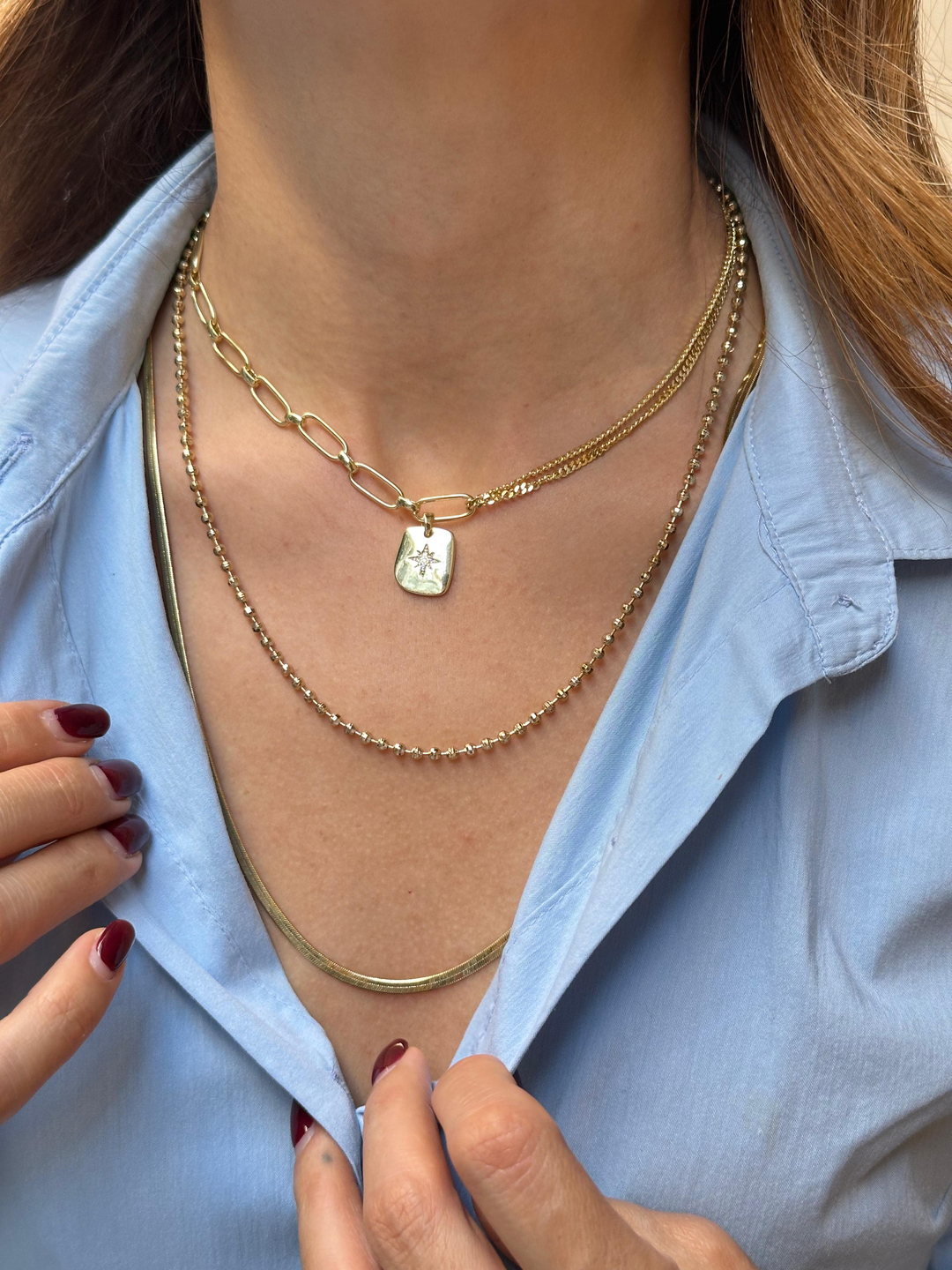 Altın Kaplama Plaka Sallantılı Ataç Zincir Kolye Gold