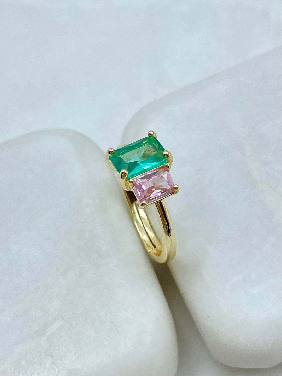 Altın Kaplama Pembe Kare Kristal Taşlı Yüzük Yeşil-Gold