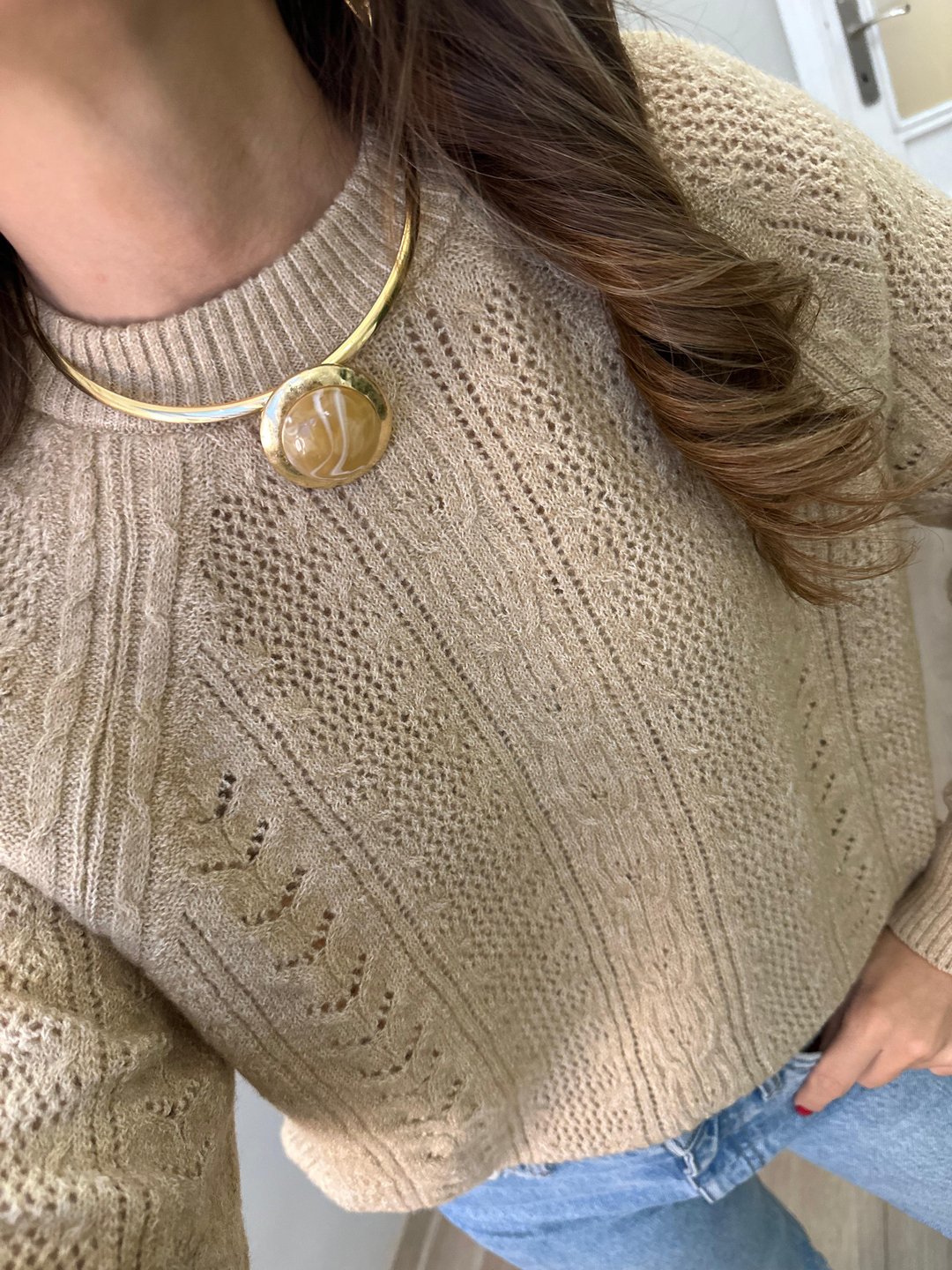 Altın Kaplama Doğal Taşlı Vintage Choker Kolye Bej