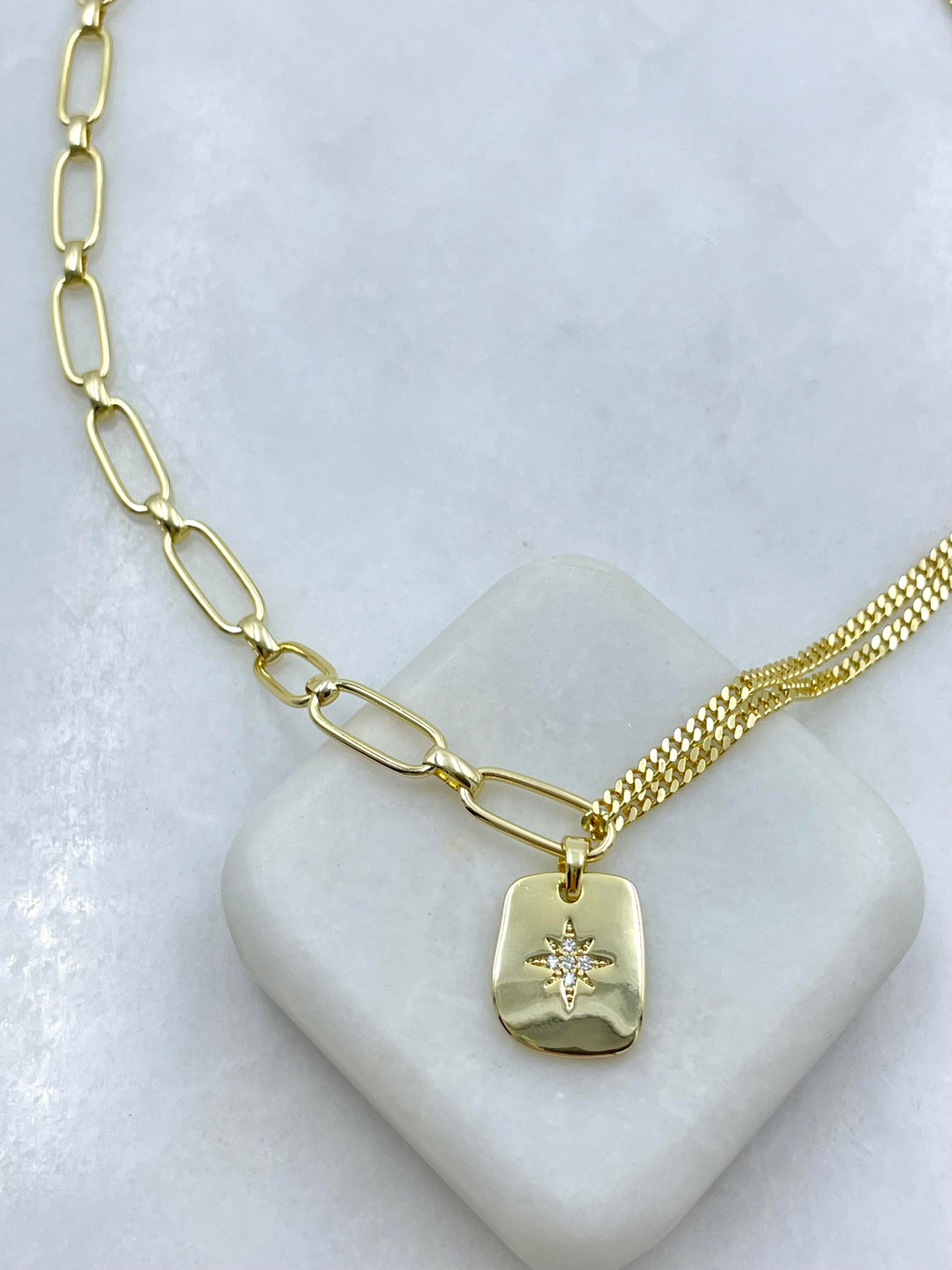 Altın Kaplama Plaka Sallantılı Ataç Zincir Kolye Gold